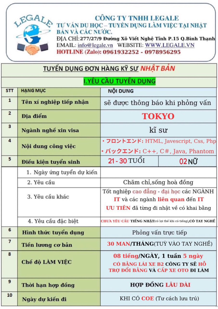 Đơn hàng Kỹ sư Nhật Bản đi Tokyo