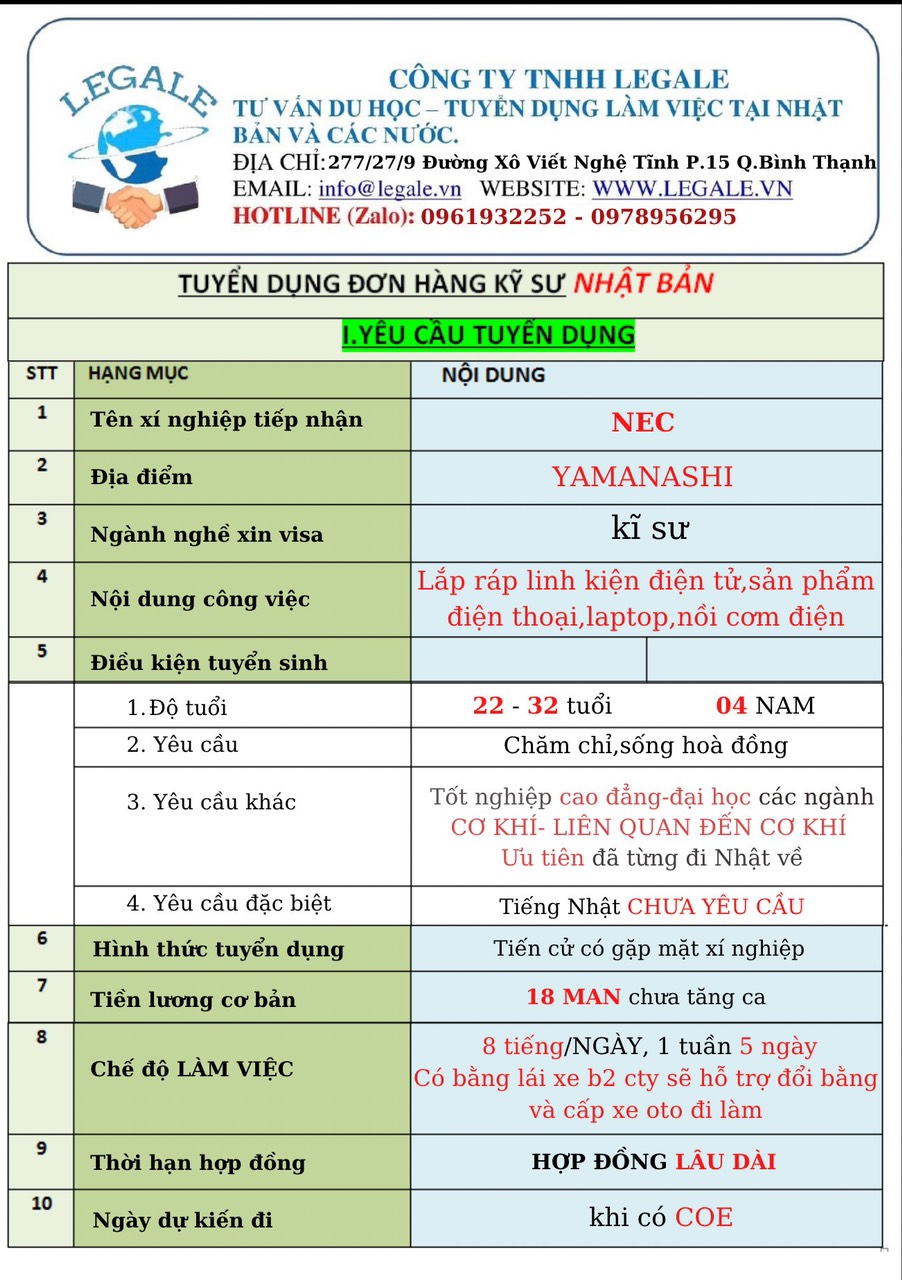 Đơn hàng Kỹ sư Nhật Bản xí nghiệp NEC